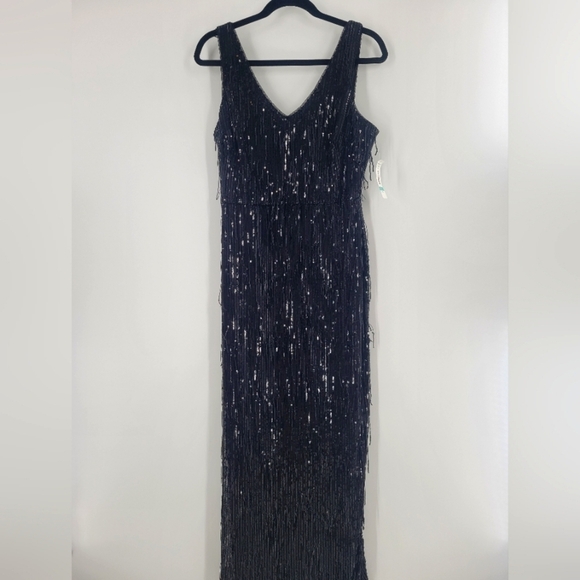 R&M Richards Fringe Sequined Cocktail Dress Black Maxi Size 8 New - Picture 2 of 7